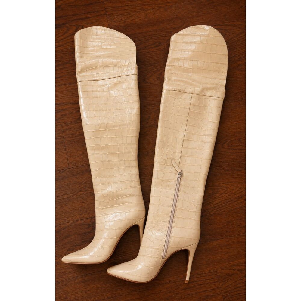 Schutz Over the Knee Boots Beige Croc Embossed Leather Pointed Toe Stiletto